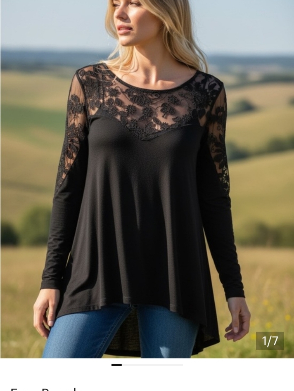 Free People New Romantics Lace Yoke Long Sleeve Tee Shirt Black Size XS